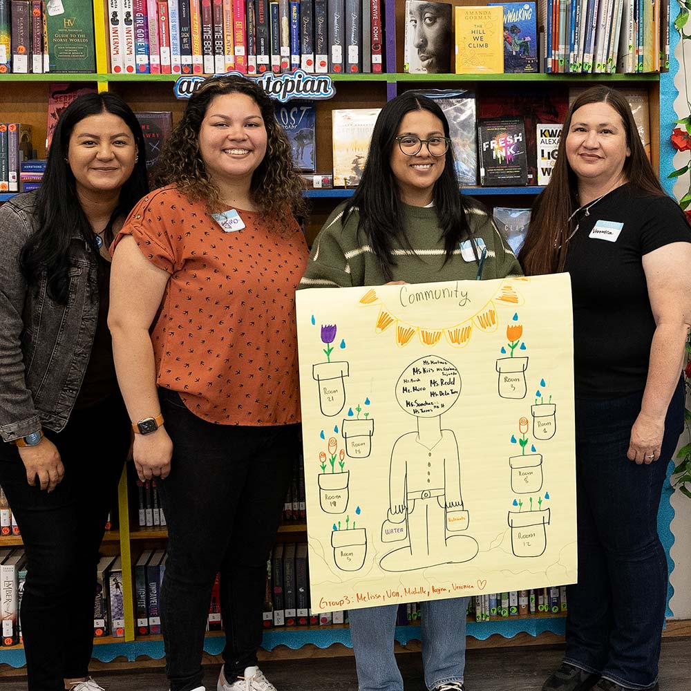 A group of teacher residents standing in a library presenting a poster they made during a workshop.